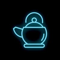 Blue neon sign of a teapot with lid on black background vector