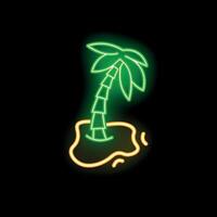 Green neon sign of palm tree growing on island on black background vector