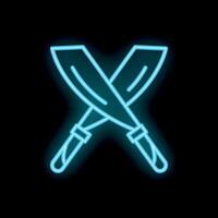 Neon icon of two crossed machetes glowing blue on black background vector