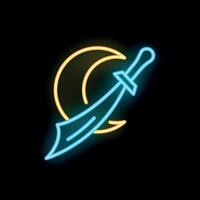Bright neon sword is glowing in front of a crescent moon on a black background vector