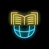 Neon icon of open book over world globe for online education vector