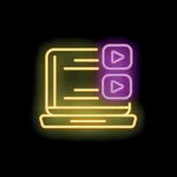 Neon laptop showing playlist with play buttons for online entertainment vector
