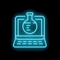 Neon icon of laptop showing chemical flask experimenting online vector