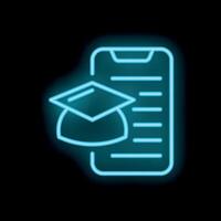 Neon icon of graduation hat and smartphone displaying text vector