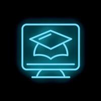 Neon icon of graduation cap on computer screen representing online education vector