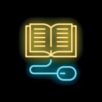 Neon icon of open book connected to computer mouse representing online education vector