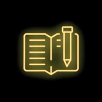 Neon yellow notebook and pen icon glowing on black background vector