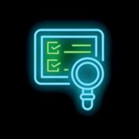 Neon icon of magnifying glass analyzing checklist on clipboard for quality control and audit vector