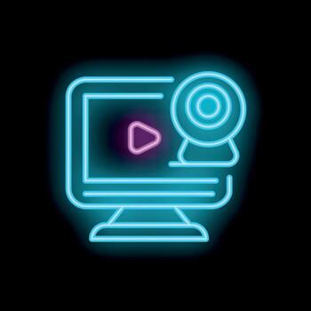 Neon icon of computer playing with webcam recording vector