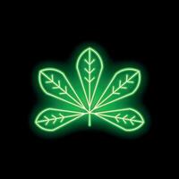 Green neon light glowing from a chestnut leaf on black background vector