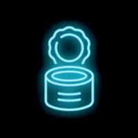 Blue neon sign of open tin can with lid on black background vector