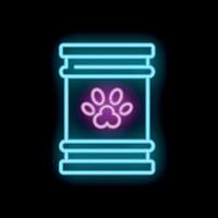 Neon sign of dog food container with paw print on black background vector