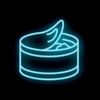 Open tin can with lid and sardine neon sign on black background vector