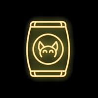 Neon sign illustrating cat food bag with glowing lines on a black background vector