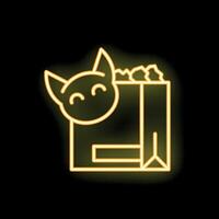 Yellow glowing neon icon of cat food bag with smiling cat face and fish bones vector
