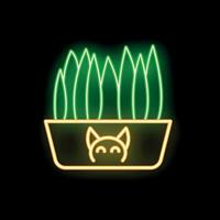 Neon cat grass growing in pot with cat face icon on black background vector
