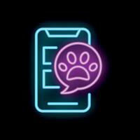 Neon icon of smartphone displaying pet paw print in speech bubble vector
