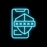 Neon glowing smartphone protected with password under shield icon vector