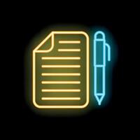 Glowing neon icon of a document with lines and a pen for writing on black background vector