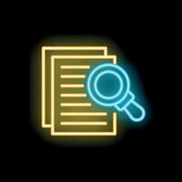 Neon icon of magnifying glass examining documents representing due diligence vector