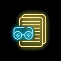 Neon icon of eyeglasses resting on stack of papers representing reading and studying vector