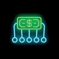 Neon green dollar bill connected to blue circles representing a network on black background vector