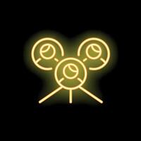 Yellow neon sign of a drone flying with three propellers on a black background vector