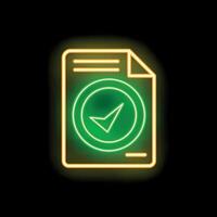 Neon green check mark on document icon glowing on black background vector
