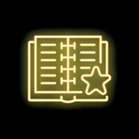 Yellow neon icon of a notebook with a star shining on black background vector