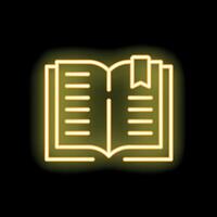 Yellow neon open book with bookmark icon on black background vector