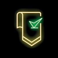 Yellow glowing neon line bookmark with check mark icon isolated on black background vector