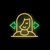 Neon woman choosing between two options with arrows pointing different directions vector