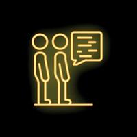 Two men discussing with speech bubble yellow neon icon vector