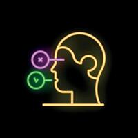 Neon sign showing human head deciding between right and wrong vector