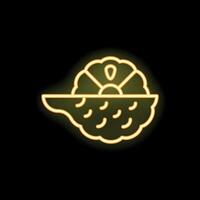 Neon icon of a sliced open coconut with straw, representing tropical drinks and vacations vector