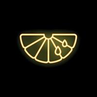 Bright yellow neon sign of lemon slice glowing on black background vector