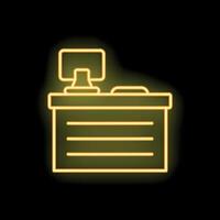 Yellow neon sign of office desk with computer on black background vector