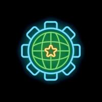 Neon icon of gear surrounding globe with star representing global business success vector