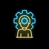 Neon icon of a manager thinking about work with gears in his head vector