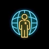 Neon sign of a businessman standing in front of a world grid representing globalization vector