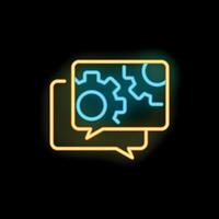 Neon icon of two speech bubbles showing working gears representing technical support vector
