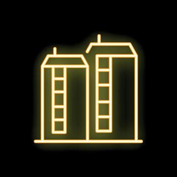 Glowing neon line icon representing two grain silos on a black background vector