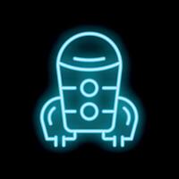 Blue neon icon of a space rocket taking off from earth vector