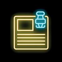 Neon icon of a push pin attaching a document representing notice or reminder vector