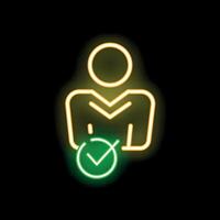 Neon sign showing validated person icon on black background vector