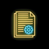 Neon icon of documents with cogwheel representing automated workflow vector
