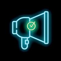 Neon icon of megaphone announcing successful campaign with check mark symbol vector