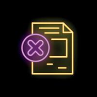 Neon icon of document with delete symbol on black background vector