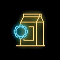 Neon icon of milk or juice carton box and gear wheel setting representing product customization vector