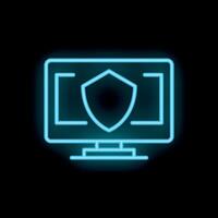 Neon computer monitor displaying security shield icon on black background vector